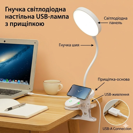 Гнучка LED настільна USB-лампа з прищіпкою та тримачем для смартфона, акумуляторна, сенсорна, 12 LED, 6000K, біла Київ