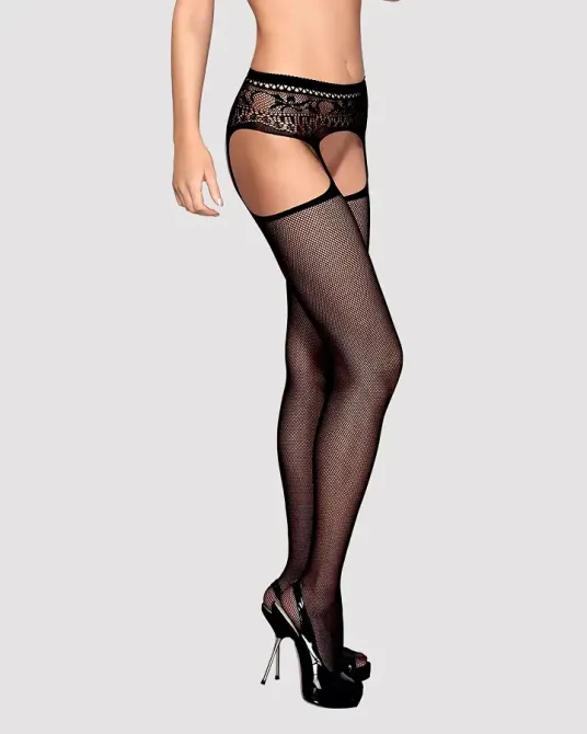 Сітчасті панчохи-стокінги з мереживним поясом Obsessive Garter stockings S307 XL/X, чорні, імітація Львов - изображение 1