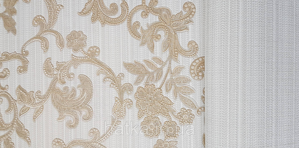 Шпалери вінілові на флізеліні AdaWall Seyyah 1.06х10 вензелю завитки великі структурні золотом на сіро-бежевому Київ - фото 3