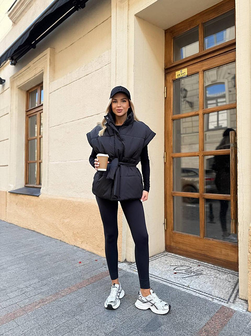 Женская теплая жилетка с поясом плащевка эмми на силиконе Черный, 46/48 Одесса - изображение 5