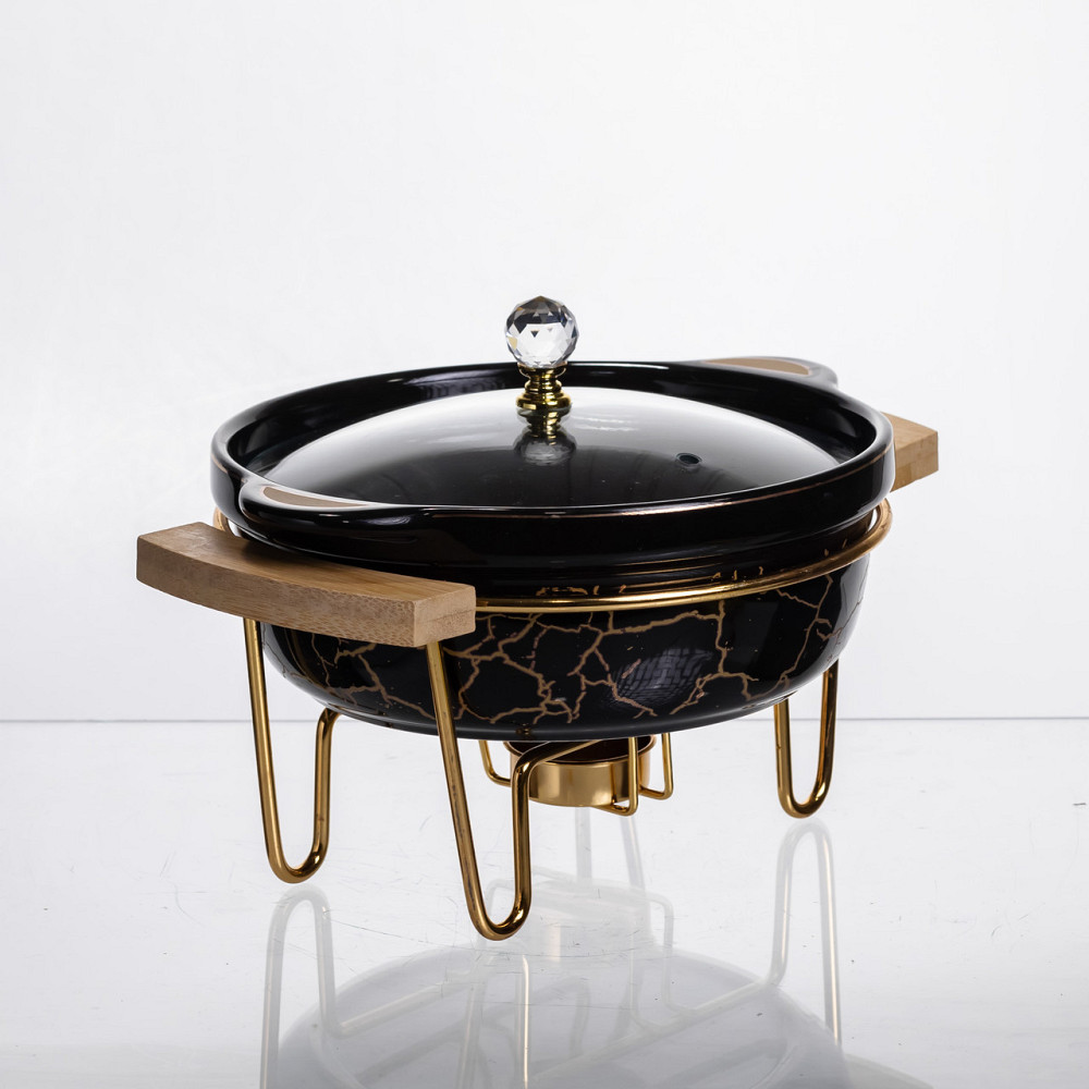 Мармит фарфоровый настольный круглый 800 (мл) мармитница с подогревом Черный мрамор LC-716 Киев - изображение 2