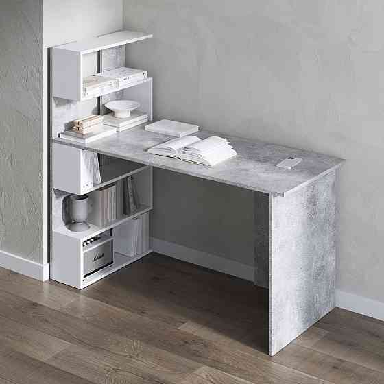 Компьютерный стол VAYS M-24 Бетон-Белый, письменный с полками слева, ЛДСП, 142×60×123 см – для дома, учебы, офиса Львов