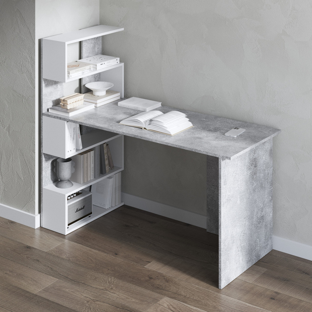 Компьютерный стол VAYS M-24 Бетон-Белый, письменный с полками слева, ЛДСП, 142×60×123 см – для дома, учебы, офиса Львов - изображение 1