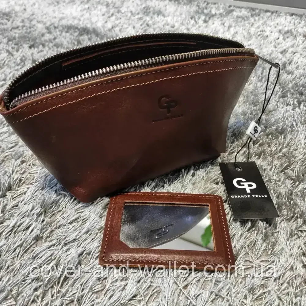 Стильна жіноча шкіряна косметичка коричневого кольору Grande Pelle Київ - фото 5