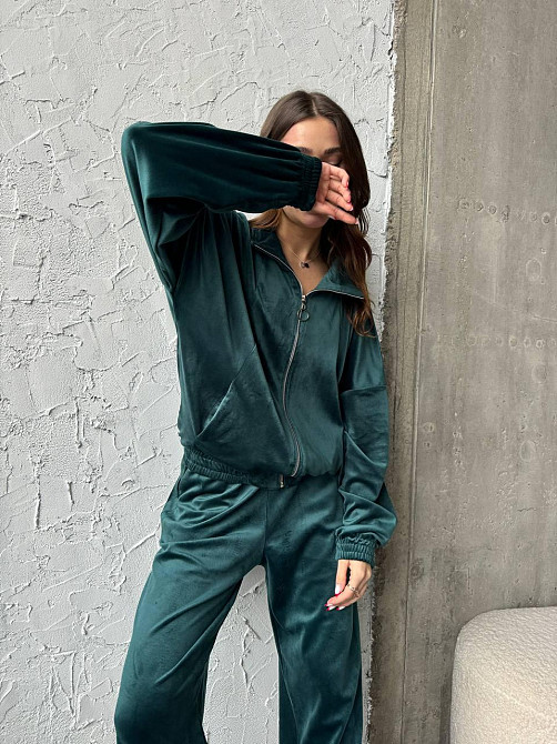 Жіночий прогулянковий костюм-двійка: кофта та штани з турецького велюру Смарагдовий, 46/48 Одеса - фото 7