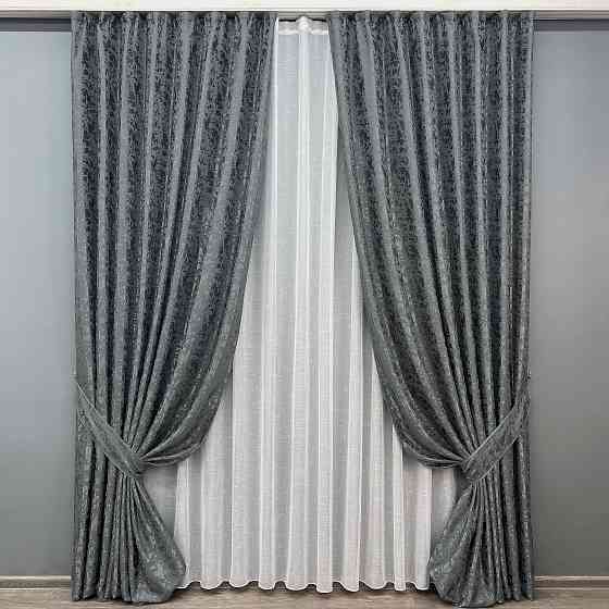 Комплект штор VR-Textil Льон Мармур 100х270 2шт і Тюль 400х270 1262ш-115т Графітовий з білим 71-124/2 Київ