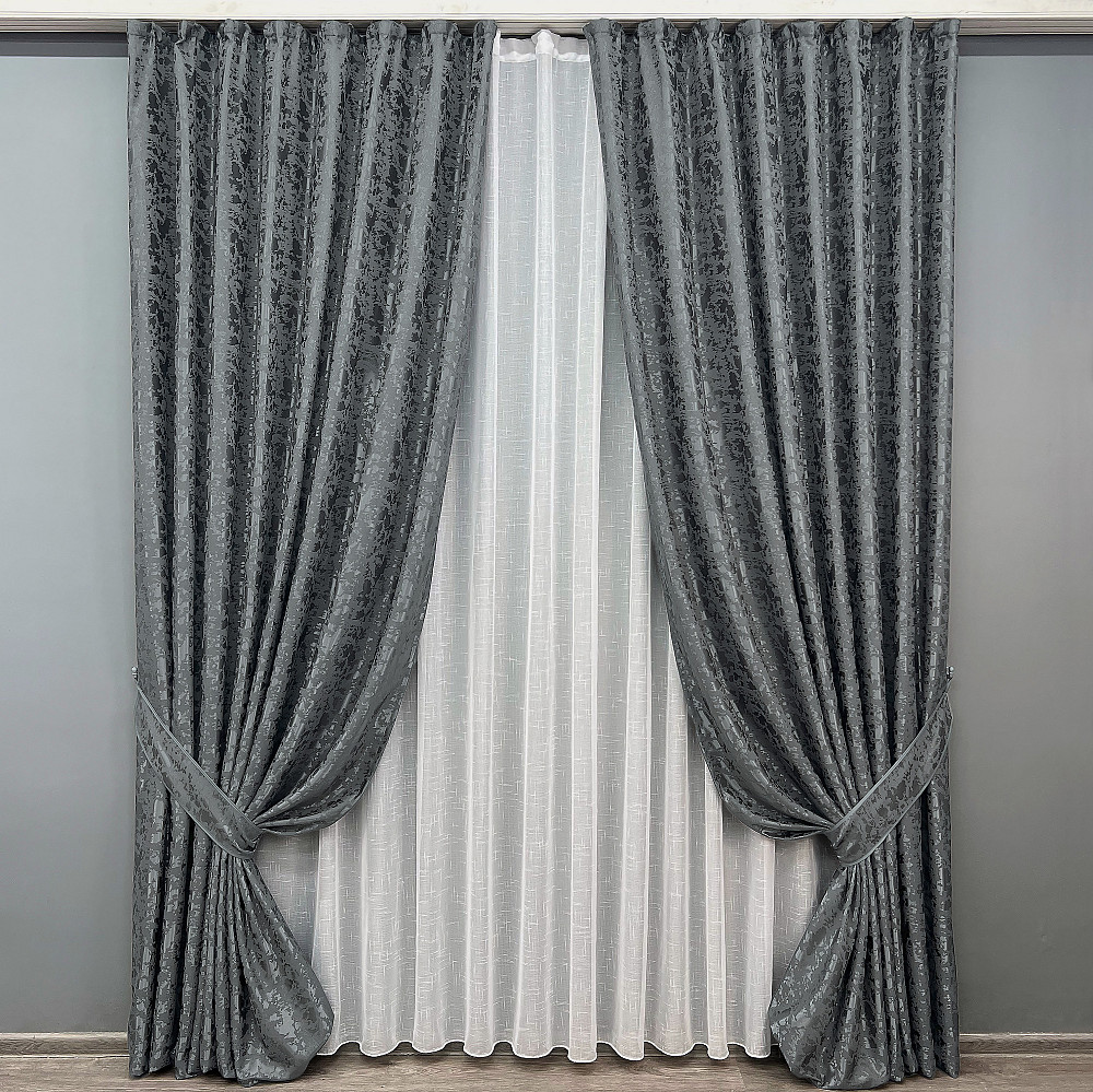 Комплект штор VR-Textil Лен Мрамор 100х270 2шт и Тюль 400х270 1262ш-115т Графитовый с белым 71-124/2 Киев - изображение 1
