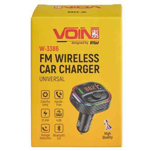 FM модулятор VOIN W-3386 з Bluetooth 5.0, 2 USB 4.8A, Type C, Hands free, вольтметр, 12-24В Харків