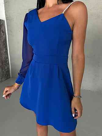 Жіноча святкова міні сукня на одне плече костюмка із шифоновим рукавом Електрик, 46 Одеса