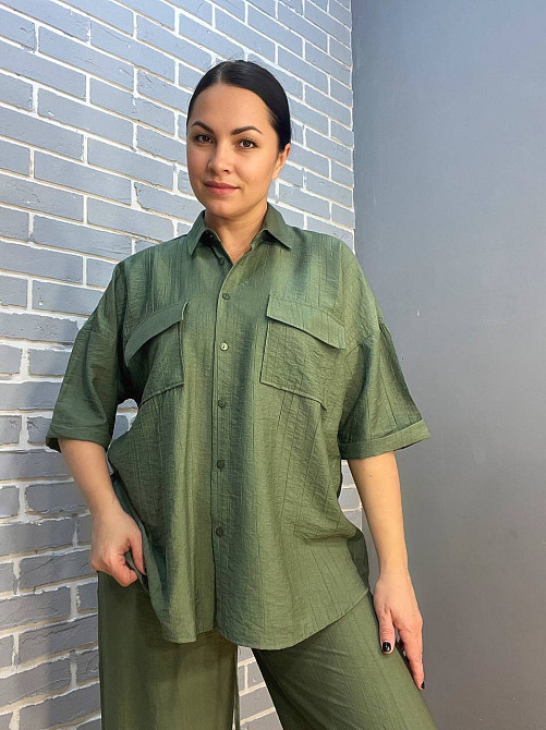 Костюм жіночий Mix Ray 4218 тканина жатка сорочка на гудзиках кишені та широкі штани на резинці хакі, хакі, S Київ - фото 12