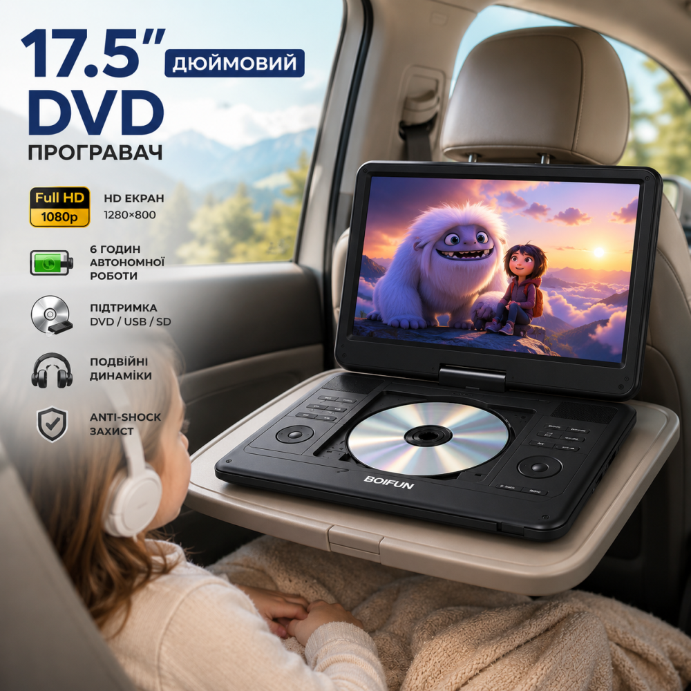 Портативний DVD-плеєр BOIFUN BFN-161 17.5" (екран 15.6") HD 1280×800, акумулятор 5000 мАг, USB, SD, Anti-Shock Київ - фото 12