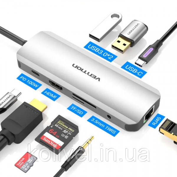 Док-станція USB3.1 Type-C --> HDMI/USB 3.0x2/RJ45/USB-C/SD/TF/TRRS 3.5mm/PD 100W Hub 9-in-1 Vention (TOMHB) Київ - фото 7