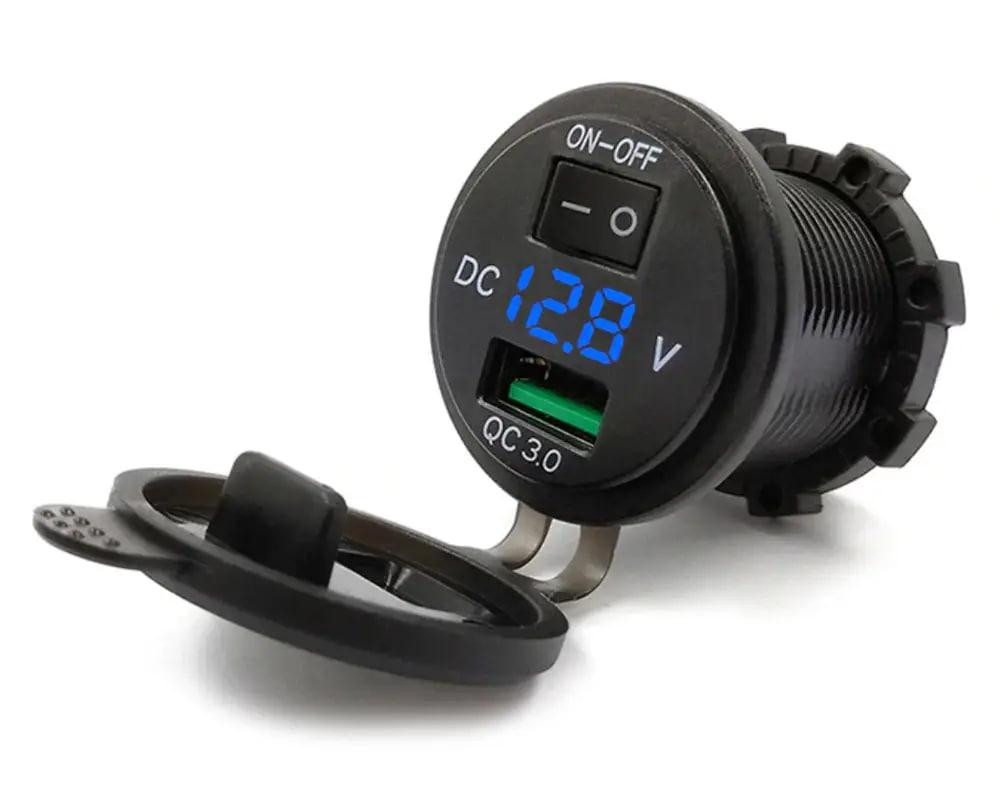 Гніздо прикурювача P10B USB QC 3,0 + вольтметр з кнопкою ON/OFF врізне з кришкою та синьою підсвіткою 12/24V Харків - фото 1