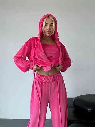 Женский прогулочный плюшевый костюм тройка: кофта топ и штаны велюр-плюш Малина, 46/48 Одесса