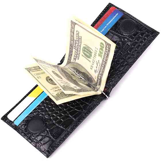 Удобный мужской зажим из натуральной фактурной кожи под крокодила KARYA 22886 Черный Киев