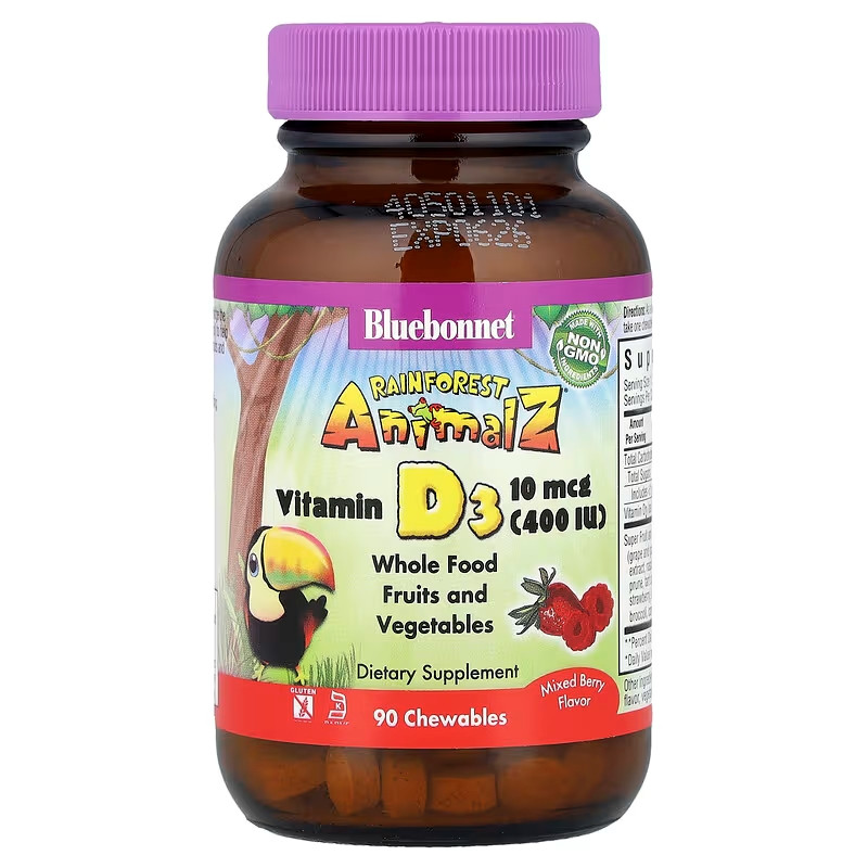 Вітамін D3 Bluebonnet Nutrition Rainforest Animalz®, Vitamin D3, Mixed Berry, 90 Chewables Луцьк - фото 1