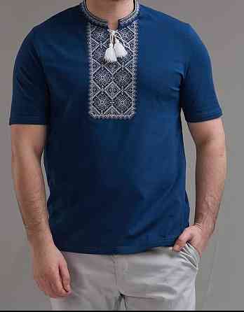 Футболка вышиванка синего цвета с белым вышитым орнаментом 3XL Киев