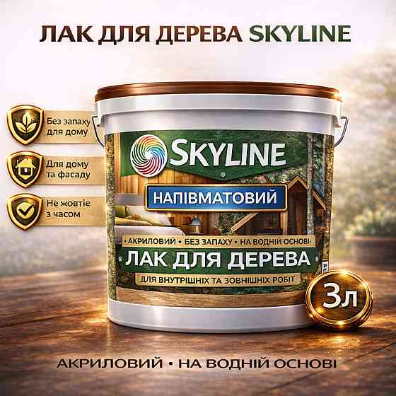 Лак для дерева Skyline напівматовий акриловий прозорий без запаху для внутрішніх та зовнішніх робіт 3 л Харків
