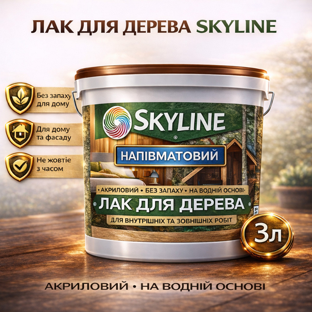 Лак для дерева Skyline напівматовий акриловий прозорий без запаху для внутрішніх та зовнішніх робіт 3 л Харків - фото 1