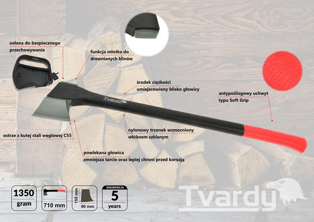 Сокира колун "Tvardy" вагою 1.550г кована з вуглецевої сталі C55 з пустотілим топорищем Киев - изображение 1