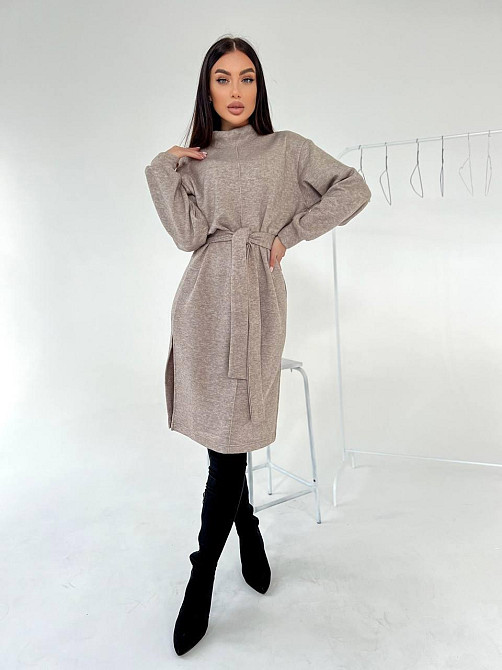 Женское стильное теплое удобное платье с разрезами турецкая двухсторонняя ангора люкс Беж, 42/46 Одесса - изображение 4