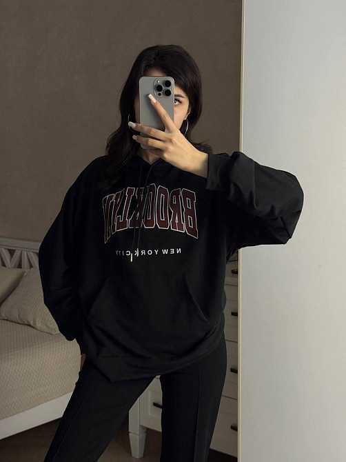 Жіноча повсякденна оверсайз худі з накатом турецька двонитка Чорний Одеса - фото 1