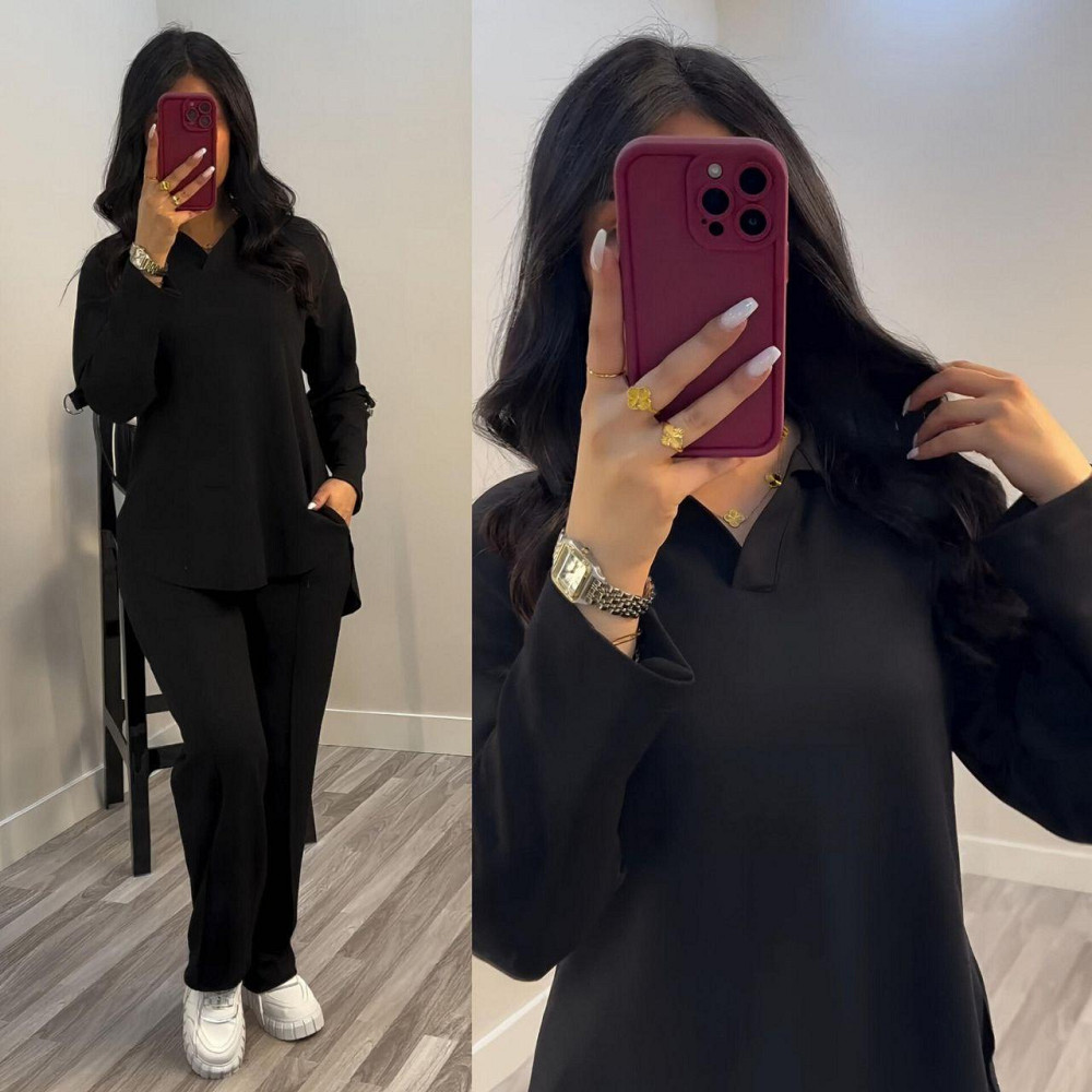 Жіночий стильний повсякденний костюм з V-вирізом двонитка Чорний, 56/58 Одеса - фото 5