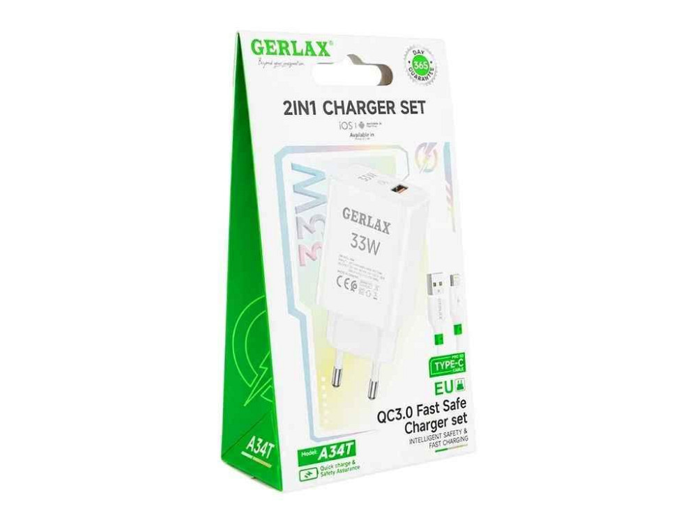 Мережевий зарядний пристрій Type-C A34T 3A/1USB/33W/QC3.0 білий 1м ТМ GERLAX Київ - фото 1