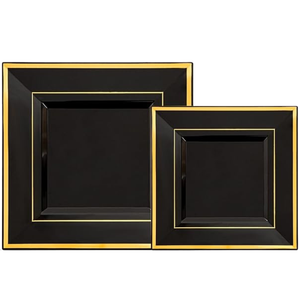 Набір тарілок пластикових 12 шт, десертні 16.5 см і обідні 24 см, квадратні, чорні з золотистим контуром Кам'янець-Подільський - фото 8