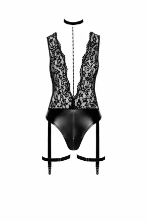 Боді Noir Handmade F297 Libido Deep-V bodysuit with collar, pearl chain and garter - M Львів