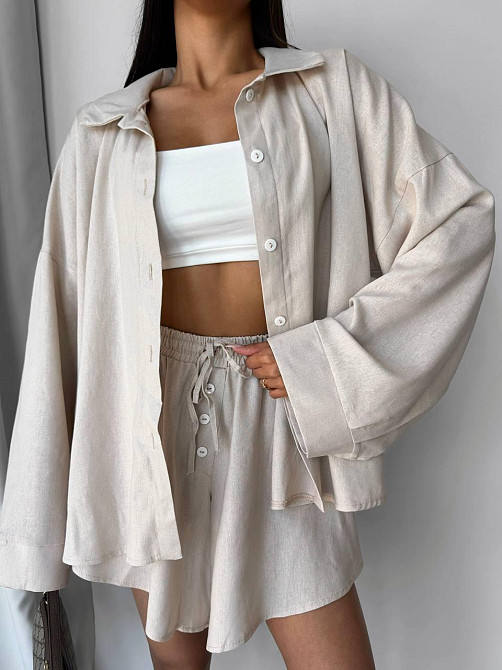 Женский летний прогулочный оверсайз костюм двойка: рубашка и шорты лен Беж Одесса - изображение 1