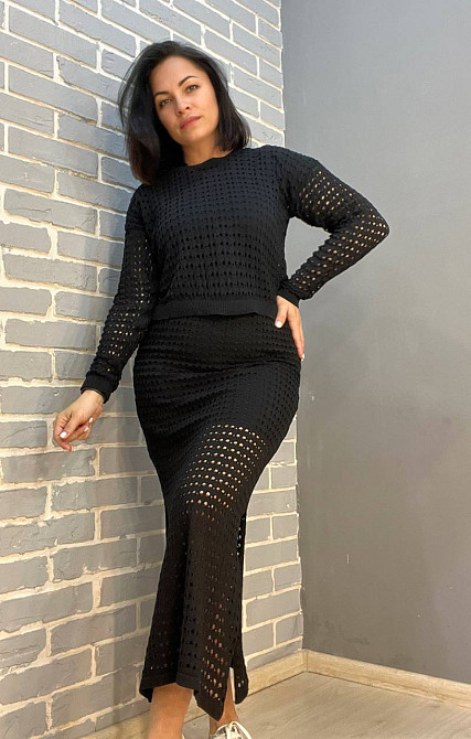 Костюм жіночий MINTAS 4204-2414 прозорий сітка ажурна в'язка реглан зі спідницею розрізи по боках one size, чорний, one size Київ - фото 10