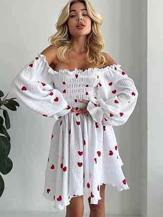 Женское нежное романтичное мини платье с сердечками муслин 100% хлопок Одесса