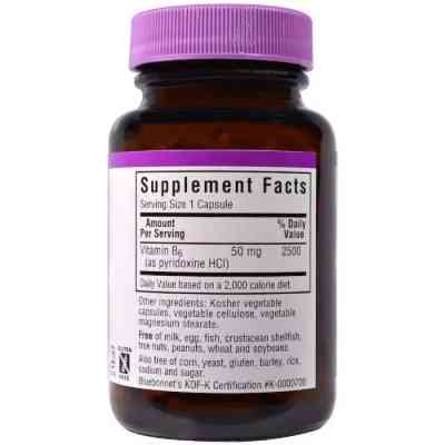 Витамин Bluebonnet Nutrition Витамин B6 50 мг, Vitamin B6, 90 вегетарианских капсул (BLB0428) Винница