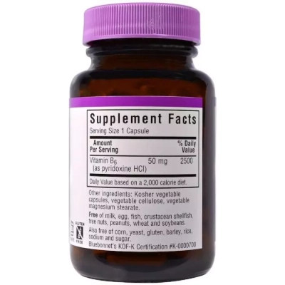Вітамін Bluebonnet Nutrition Вітамін B6 50 мг, Vitamin B6, 90 вегетаріанських капсул (BLB0428) Вінниця - фото 2