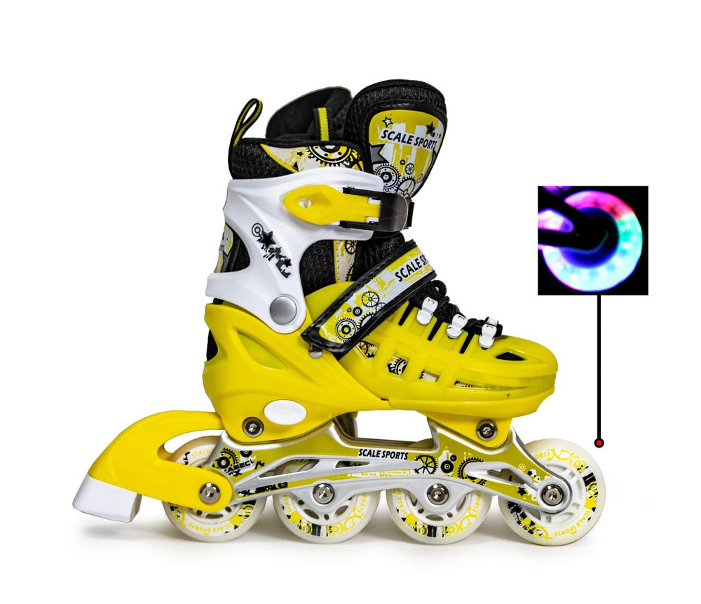 РОЛИКИ раздвижные + КОМПЛЕКТ ЗАЩИТЫ (на колени, локти и ладони) Scale Sports желтые, размер 29-33 Одесса - изображение 2
