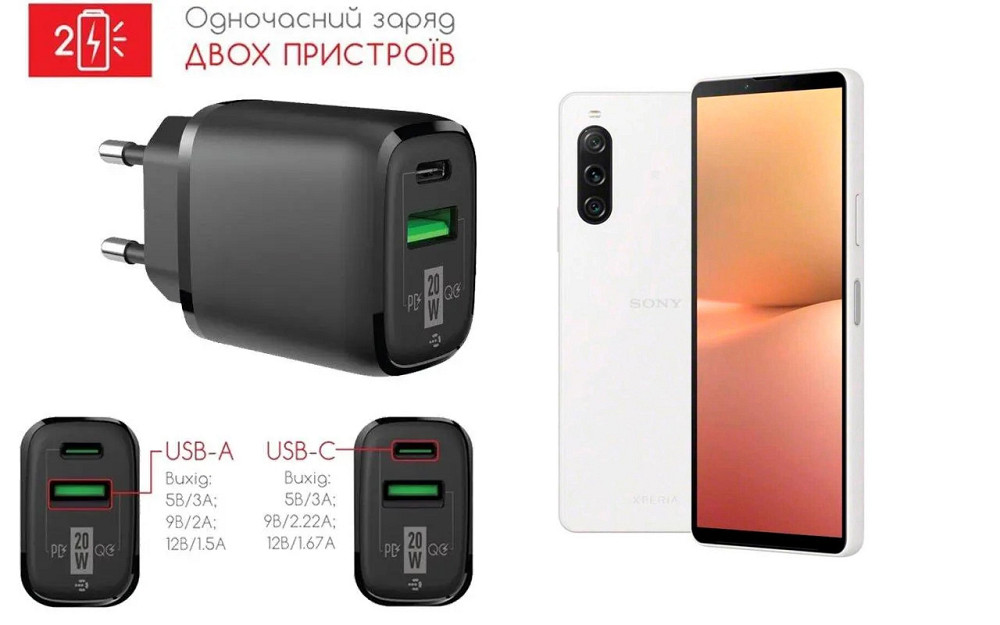 Сетевое зарядное устройство для Sony Xperia 10 V, 20W 3A, Quick Charge 3.0 Киев - изображение 1