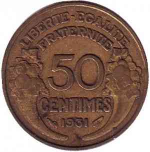 Монета 50 сантимів. 1931,-39 рік, Франція. Полтава