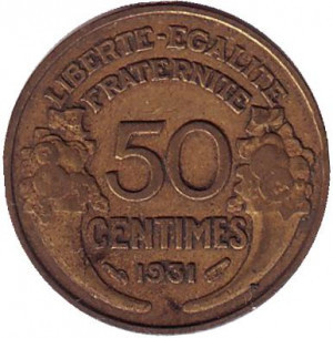 Монета 50 сантимів. 1931,-39 рік, Франція. Полтава - фото 1