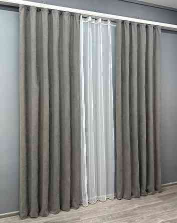Комплект штор VR-Textil Микровелюр Petek 150х270 2шт и Тюль 400х270 1702ш-1153т Серый с белым 71-056/3 Киев