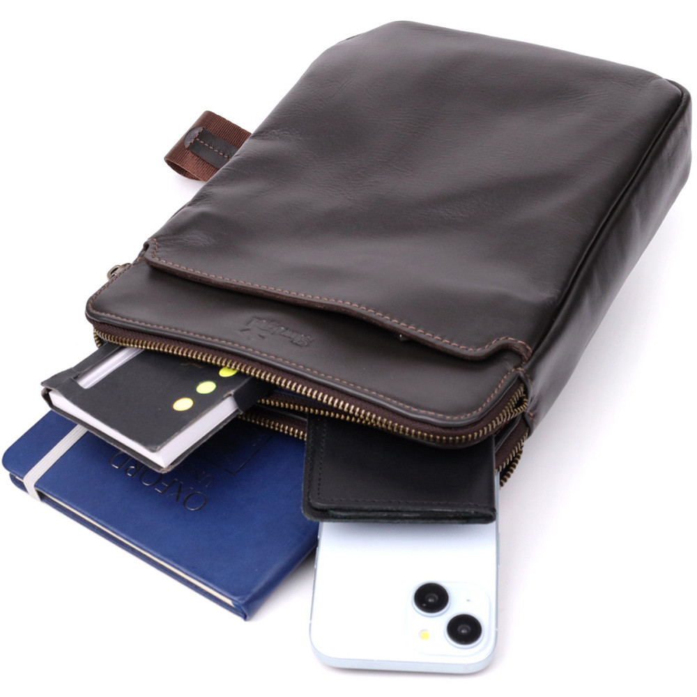 Вертикальная мужская сумка через плечо из гладкой натуральной кожи Shvigel 20868_1 Коричневый Киев - изображение 4