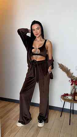 Жіночий стильний костюм-трійка: кофта топ і штани велюр плюш Шоколад, 42/44 Одеса