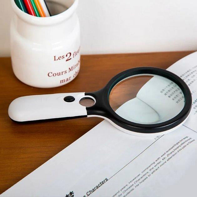 Лупа ручная 6903АВ две линзы с подстветкой 3X-90mm и 45X-22mm Бело-Черный Полтава - изображение 1