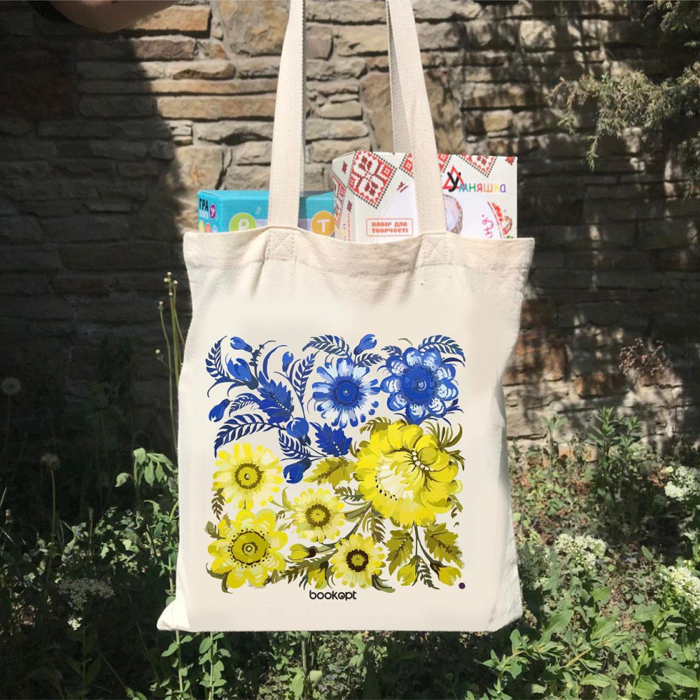 Екошопер BookOpt BK4004 Петриківський розпис Синьо-жовті квіти бежевий Луцк - изображение 10