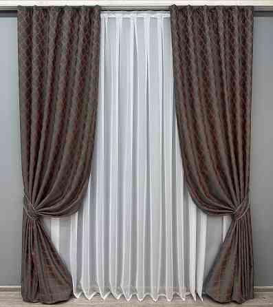 Шторна тканина жакард, колеція "SAPFIR" колір графітовий з теракотовим 1752ш Київ