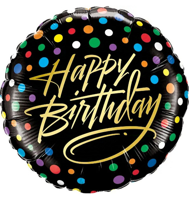 Фольгированный шар happy birthday разноцветный горошек на черном 18