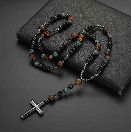 Винтажное ожерелье с крестом из африканской яшмы, тигрового глаза и черного агата Киев