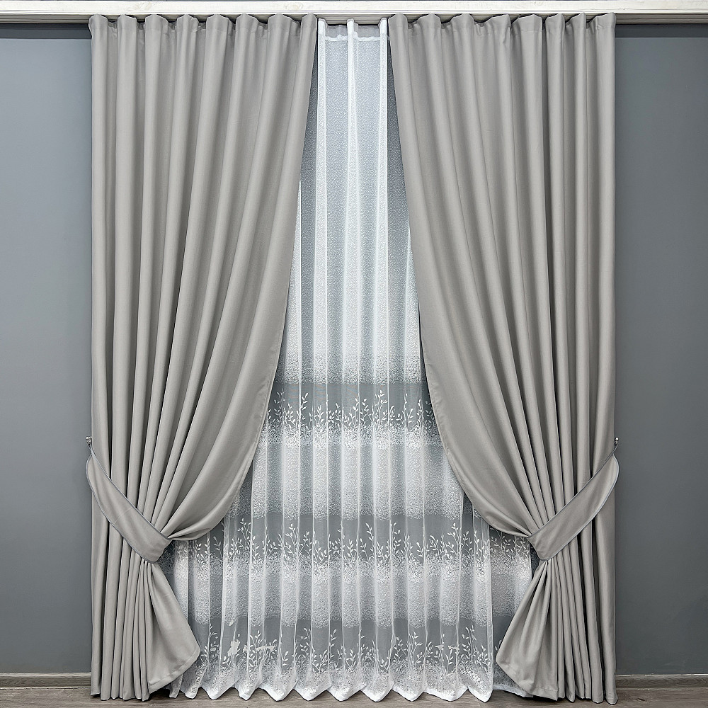 Комплект штор VR-Textil Шеніл 150х270 2шт і Тюль 600х270 1690ш-1680т Попелястий з білим 71-198/5 Київ - фото 1
