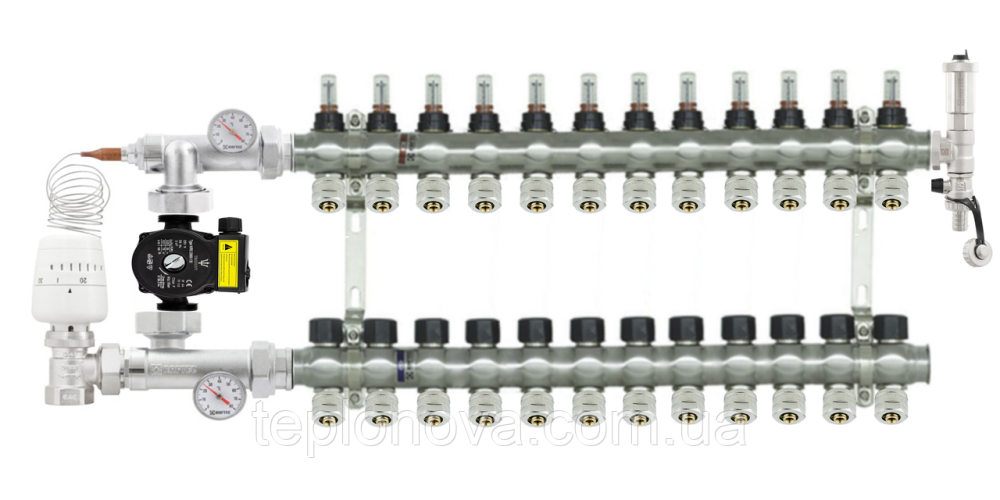 Колектор в зборі на 12 пар виходів нержавійка  "Raftec" ARC12 для Теплої Підлоги з розходомірами Чернівці - фото 1