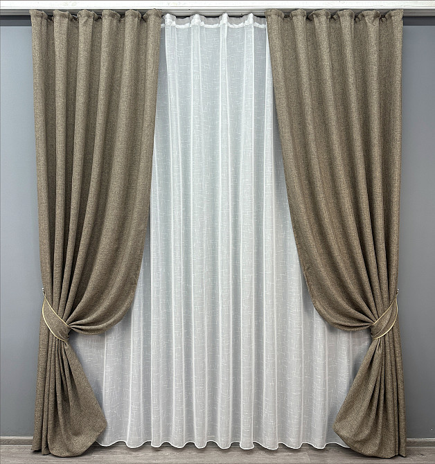 Комплект штор VR-Textil Лен Мешковина 200х270 2шт и Тюль 500х270 1770ш-115т Какаос белым 71-023/6 Киев - изображение 1